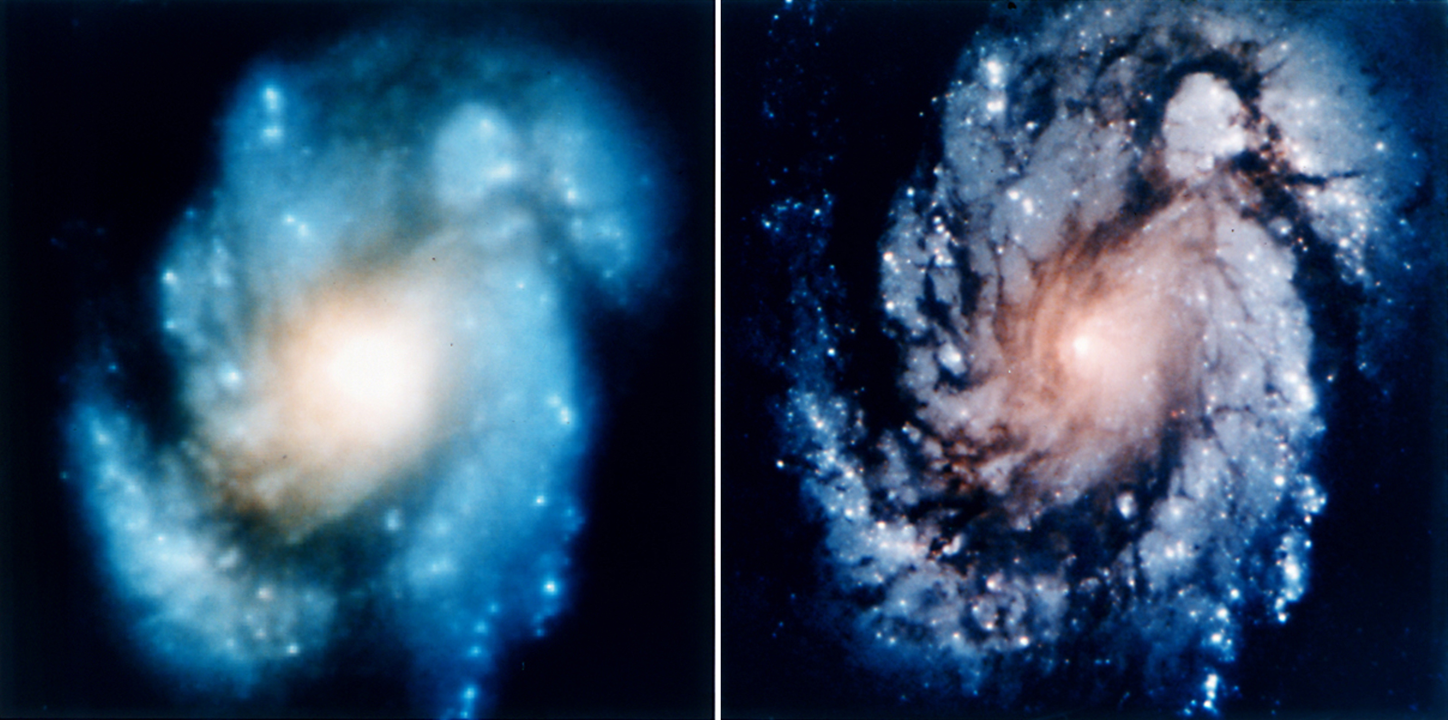 Hubble Image of the galaxy M100 before (left) and after (right) the 1993 NASA servicing mission. (NASA) 